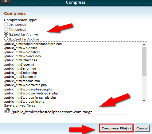 compressed corefiles in cpanel by selecting compression type and click on Compress files button