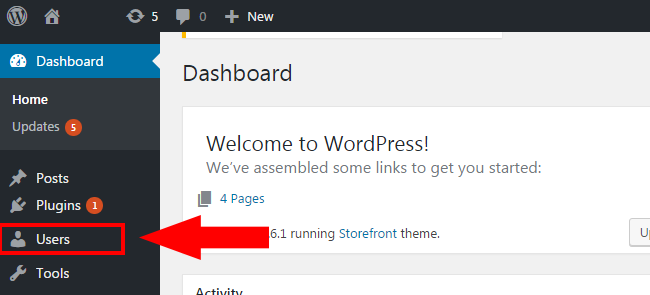 Click on the user link in WordPress dashboard