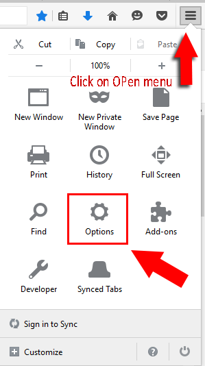 option bar in Open menu in Mozilla Firefox