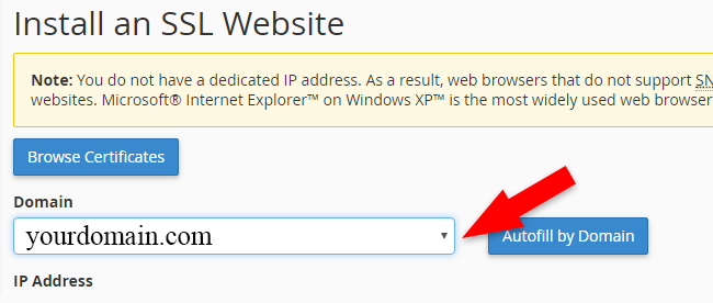 Select Domain to Install SSL